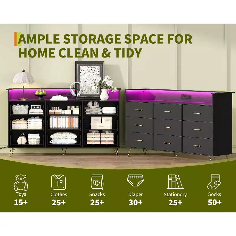 Cómodas de madera de 9 cajones con luces LED y estación de carga, cómoda de madera con control por aplicación, armario de almacenamiento para sala de estar, clóset