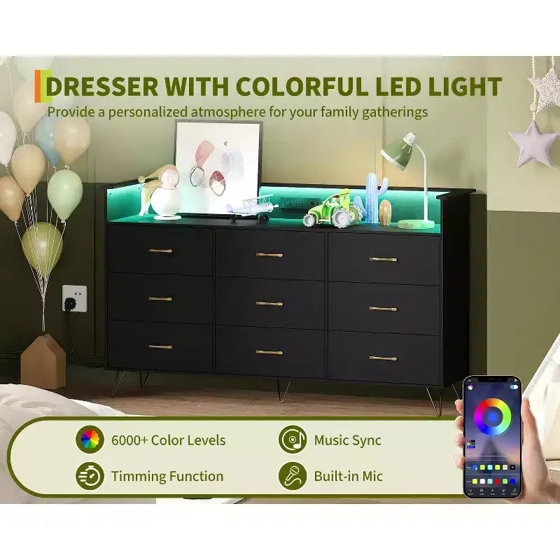 Cómodas de madera de 9 cajones con luces LED y estación de carga, cómoda de madera con control por aplicación, armario de almacenamiento para sala de estar, clóset
