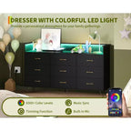 Cómodas de madera de 9 cajones con luces LED y estación de carga, cómoda de madera con control por aplicación, armario de almacenamiento para sala de estar, clóset