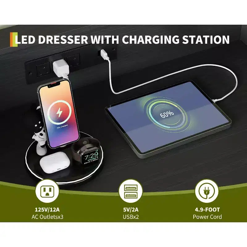 Cómodas de madera de 9 cajones con luces LED y estación de carga, cómoda de madera con control por aplicación, armario de almacenamiento para sala de estar, clóset