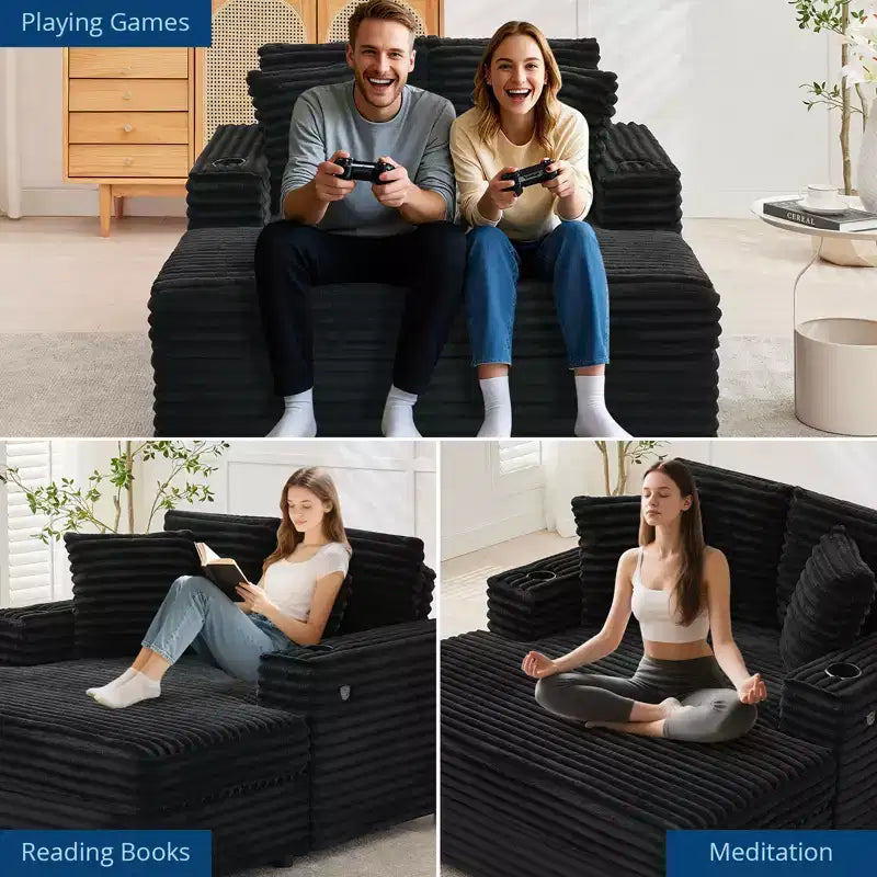 Chaise longue de pana de gran tamaño, sofá cama con asiento profundo y reposabrazos, tapicería suave, portavasos, para el hogar, dormitorio, oficina