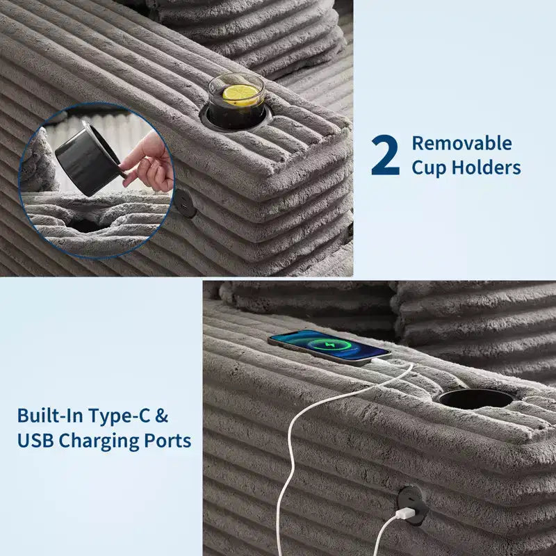 Chaise longue de pana de gran tamaño, sofá cama con asiento profundo y reposabrazos, tapicería suave, portavasos, para el hogar, dormitorio, oficina
