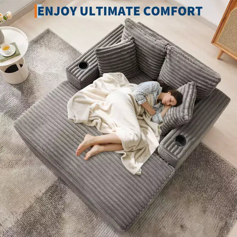 Chaise longue de pana de gran tamaño, sofá cama con asiento profundo y reposabrazos, tapicería suave, portavasos, para el hogar, dormitorio, oficina