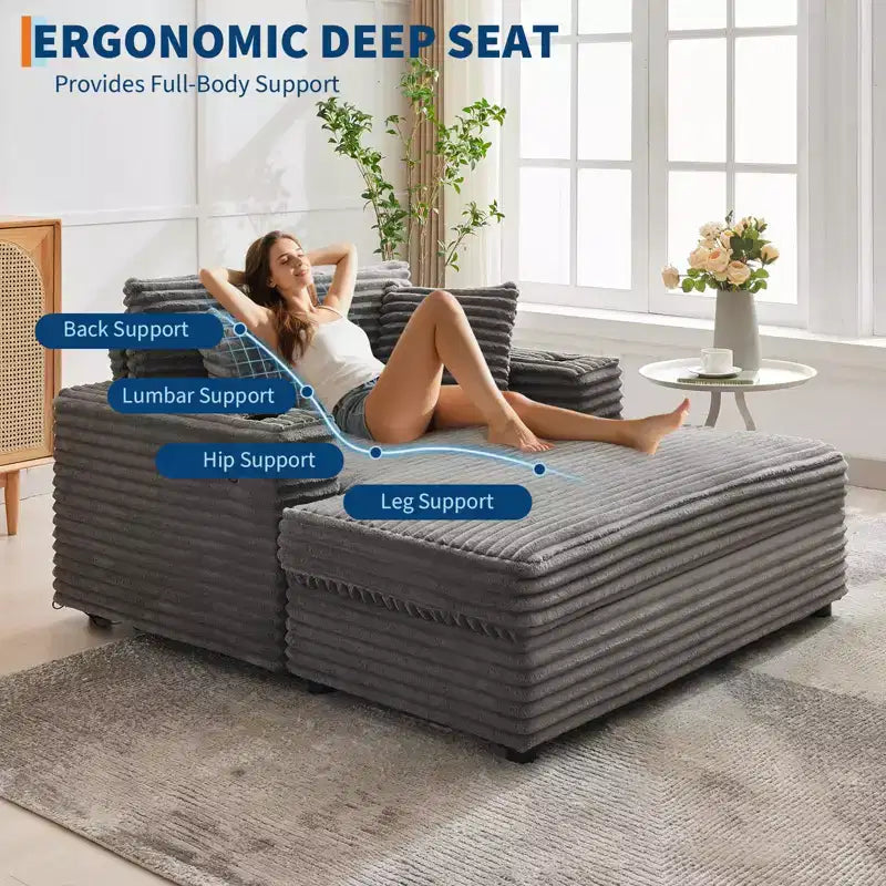 Chaise longue de pana de gran tamaño, sofá cama con asiento profundo y reposabrazos, tapicería suave, portavasos, para el hogar, dormitorio, oficina