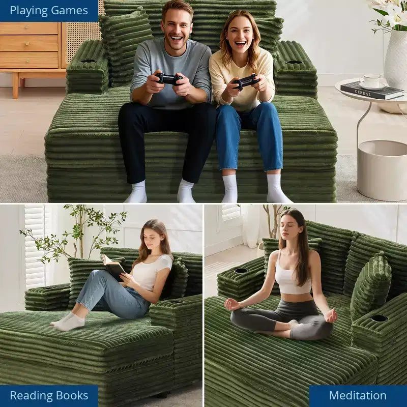 Chaise longue de pana de gran tamaño, sofá cama con asiento profundo y reposabrazos, tapicería suave, portavasos, para el hogar, dormitorio, oficina