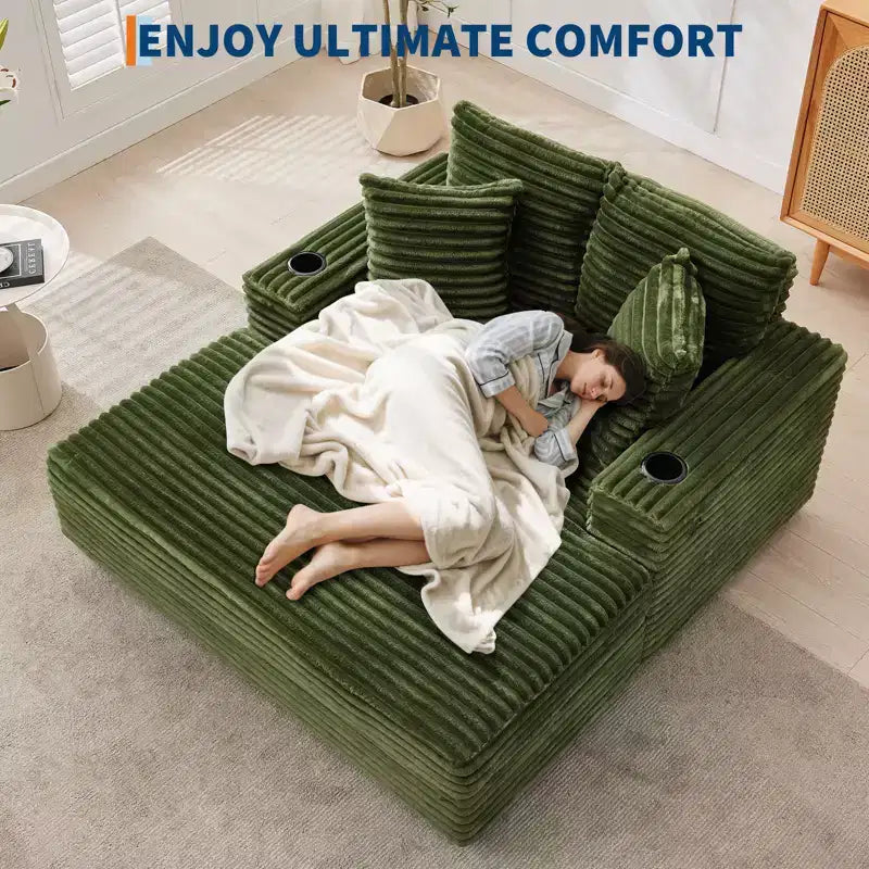Chaise longue de pana de gran tamaño, sofá cama con asiento profundo y reposabrazos, tapicería suave, portavasos, para el hogar, dormitorio, oficina