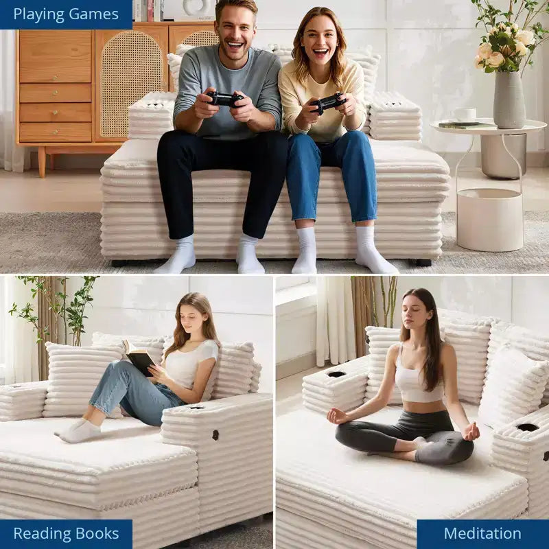 Chaise longue de pana de gran tamaño, sofá cama con asiento profundo y reposabrazos, tapicería suave, portavasos, para el hogar, dormitorio, oficina