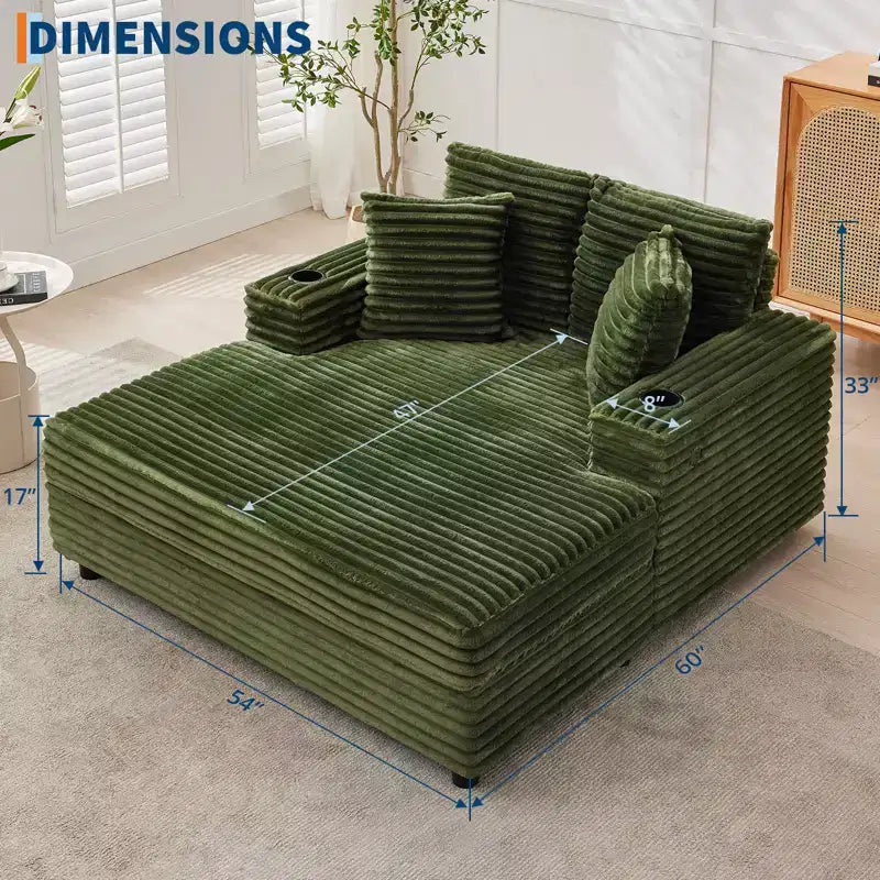 Chaise longue de pana de gran tamaño, sofá cama con asiento profundo y reposabrazos, tapicería suave, portavasos, para el hogar, dormitorio, oficina