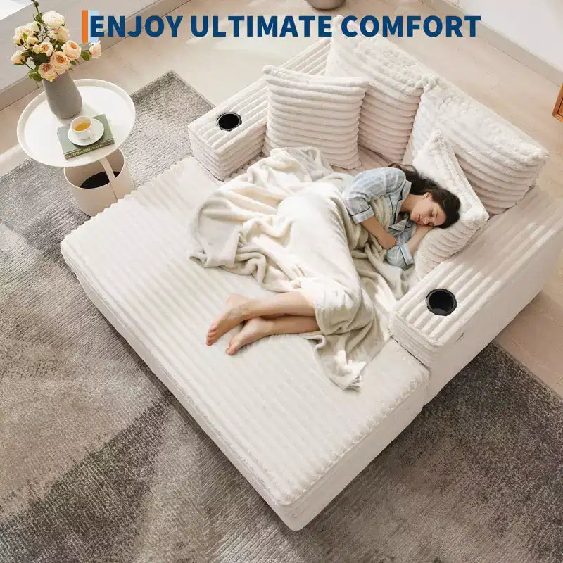 Chaise longue de pana de gran tamaño, sofá cama con asiento profundo y reposabrazos, tapicería suave, portavasos, para el hogar, dormitorio, oficina