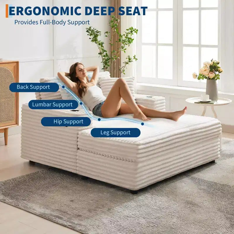 Chaise longue de pana de gran tamaño, sofá cama con asiento profundo y reposabrazos, tapicería suave, portavasos, para el hogar, dormitorio, oficina