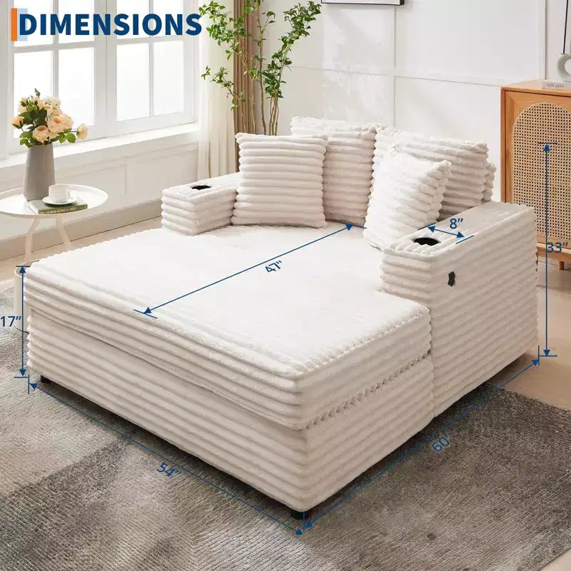 Chaise longue de pana de gran tamaño, sofá cama con asiento profundo y reposabrazos, tapicería suave, portavasos, para el hogar, dormitorio, oficina