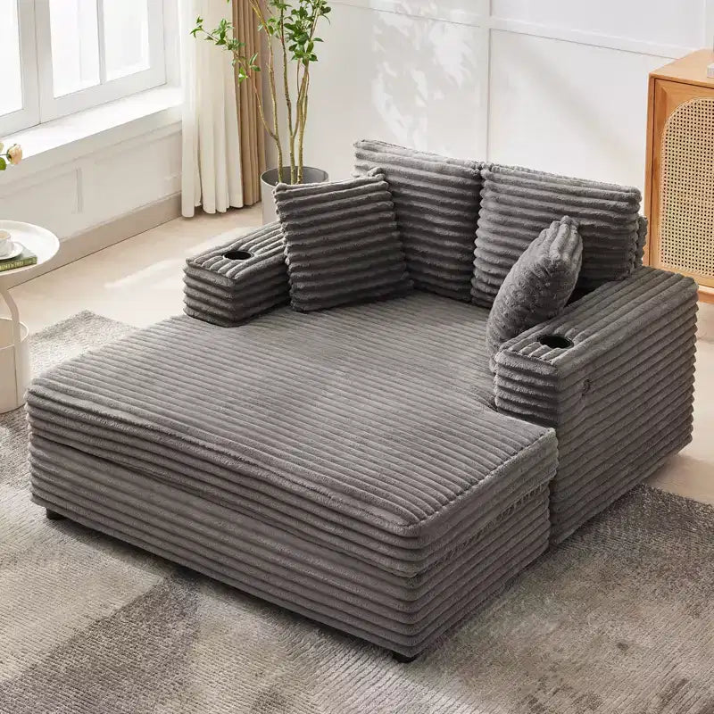 Chaise longue de pana de gran tamaño, sofá cama con asiento profundo y reposabrazos, tapicería suave, portavasos, para el hogar, dormitorio, oficina