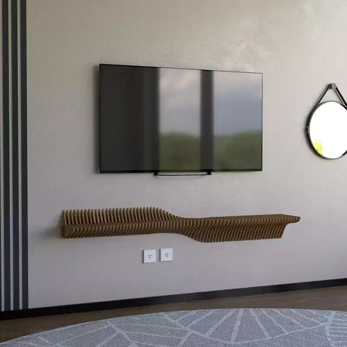 Wear Sierra BATAMEX Parametric 60 inch Floating Shelf TV Unit Modern Geometric Wooden Wall Piece Decor Natural Oak Color 3D Wavy LivingRoom Shelf