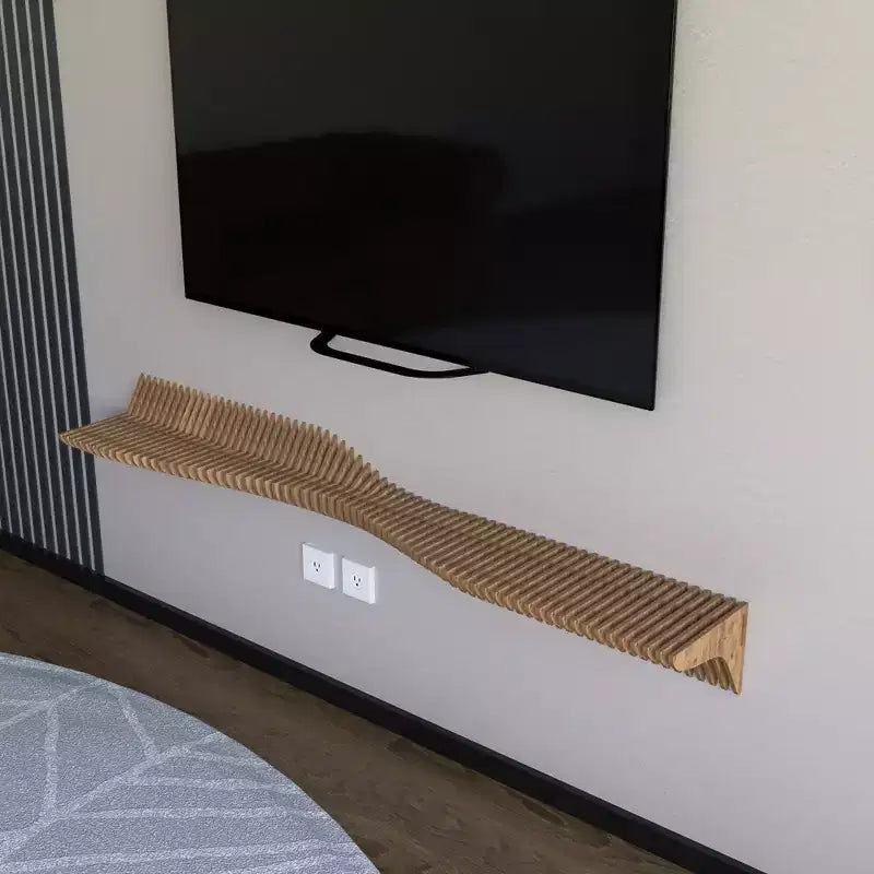 Mueble de TV Flotante Paramétrico de 60 Pulgadas – Diseño Geométrico Ondulado Roble Natural 3D