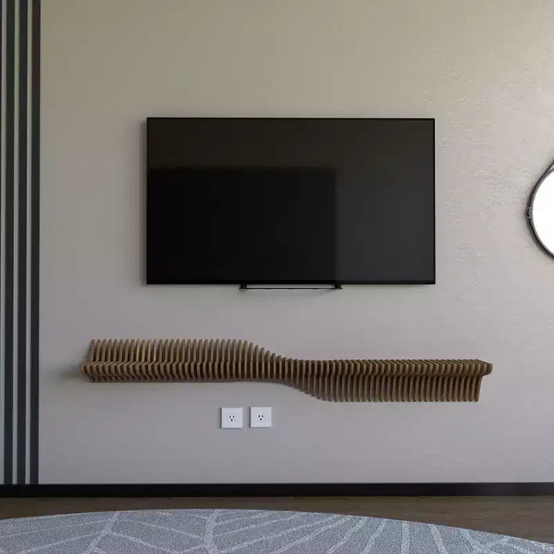 Mueble de TV Flotante Paramétrico de 60 Pulgadas – Diseño Geométrico Ondulado Roble Natural 3D