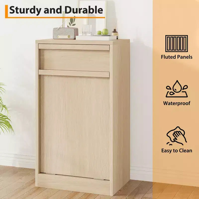 Meuble Poubelle Inclinable, Meuble Poubelle Chêne Naturel avec Rangement 38 Litres & 1 Tiroir, Meuble Poubelle Caché/Panier à Linge