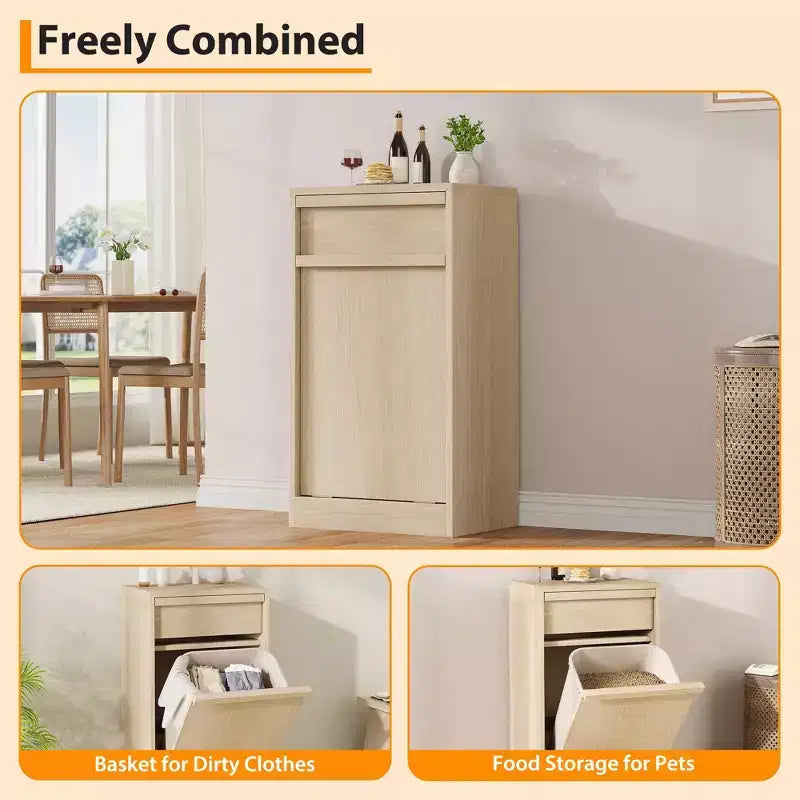 Meuble Poubelle Inclinable, Meuble Poubelle Chêne Naturel avec Rangement 38 Litres & 1 Tiroir, Meuble Poubelle Caché/Panier à Linge