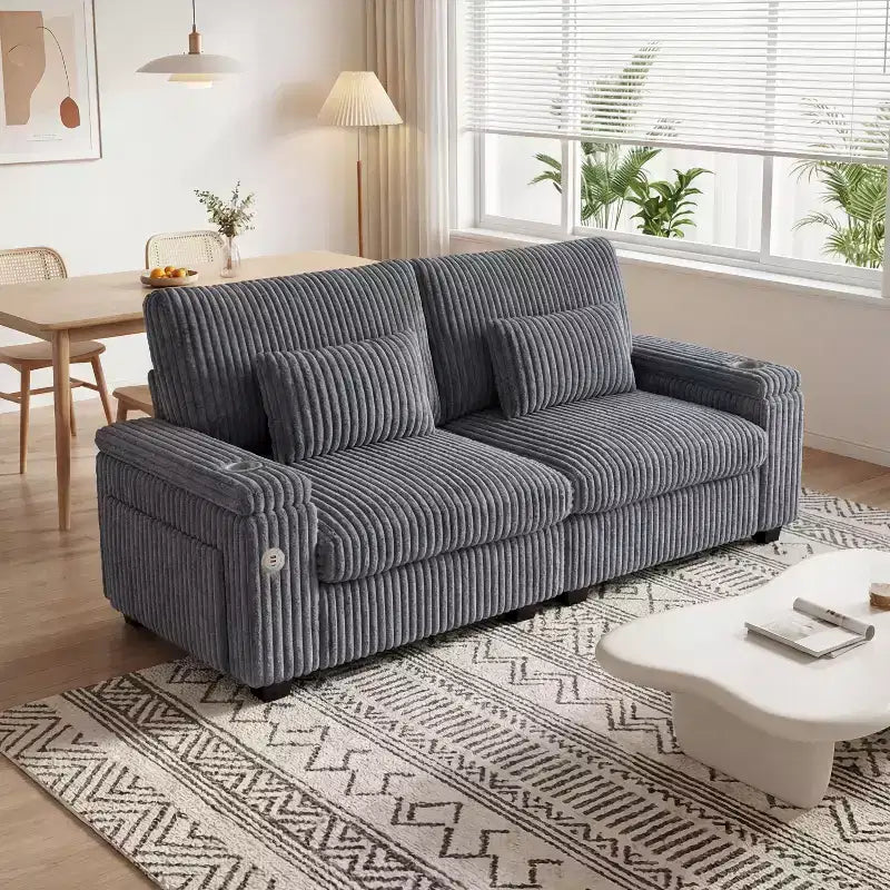Canapé de rangement 91 pouces pour deux – Velours côtelé moelleux avec port USB et porte-gobelets