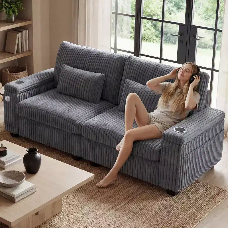 Canapé de rangement 91 pouces pour deux – Velours côtelé moelleux avec port USB et porte-gobelets