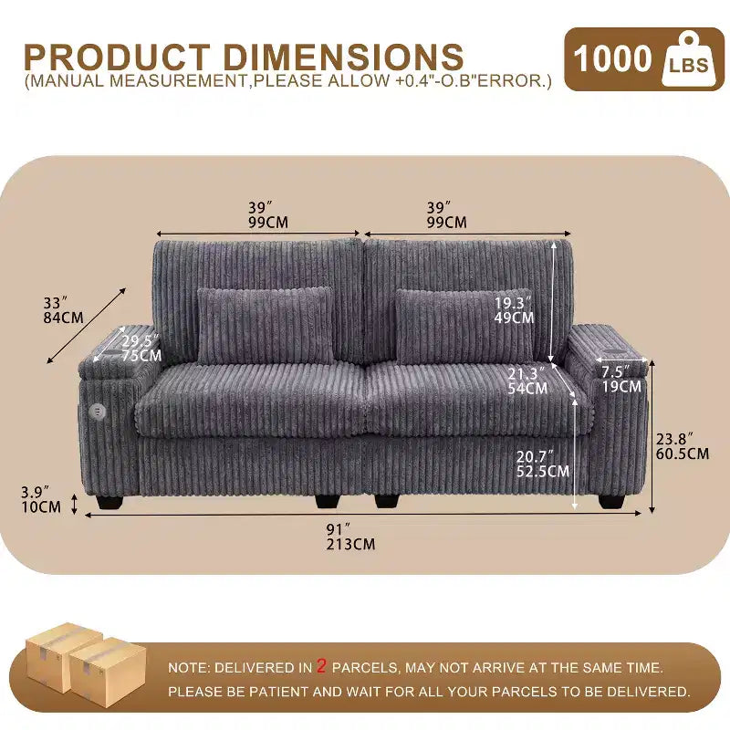 Canapé de rangement 91 pouces pour deux – Velours côtelé moelleux avec port USB et porte-gobelets