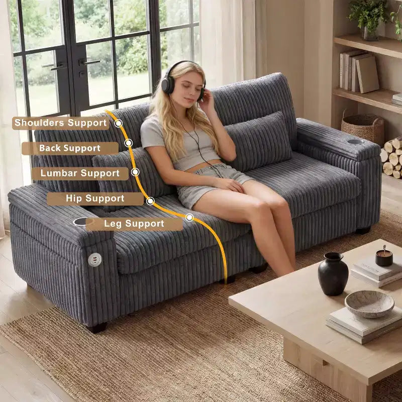 Canapé de rangement 91 pouces pour deux – Velours côtelé moelleux avec port USB et porte-gobelets