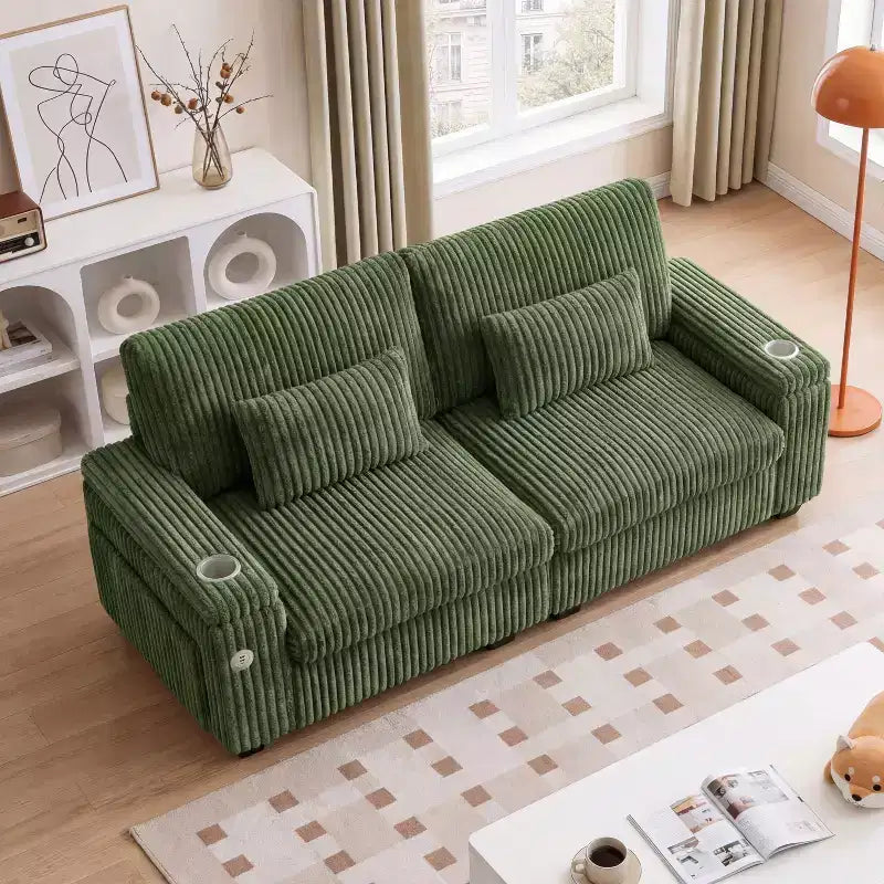 Canapé de rangement 91 pouces pour deux – Velours côtelé moelleux avec port USB et porte-gobelets