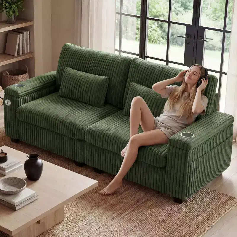 Canapé de rangement 91 pouces pour deux – Velours côtelé moelleux avec port USB et porte-gobelets