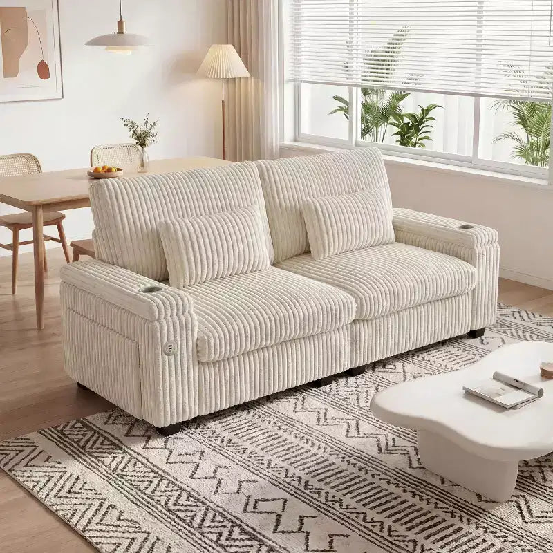 Canapé de rangement 91 pouces pour deux – Velours côtelé moelleux avec port USB et porte-gobelets