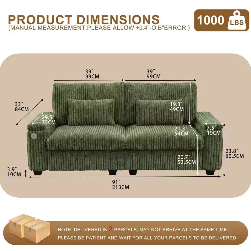 Canapé de rangement 91 pouces pour deux – Velours côtelé moelleux avec port USB et porte-gobelets