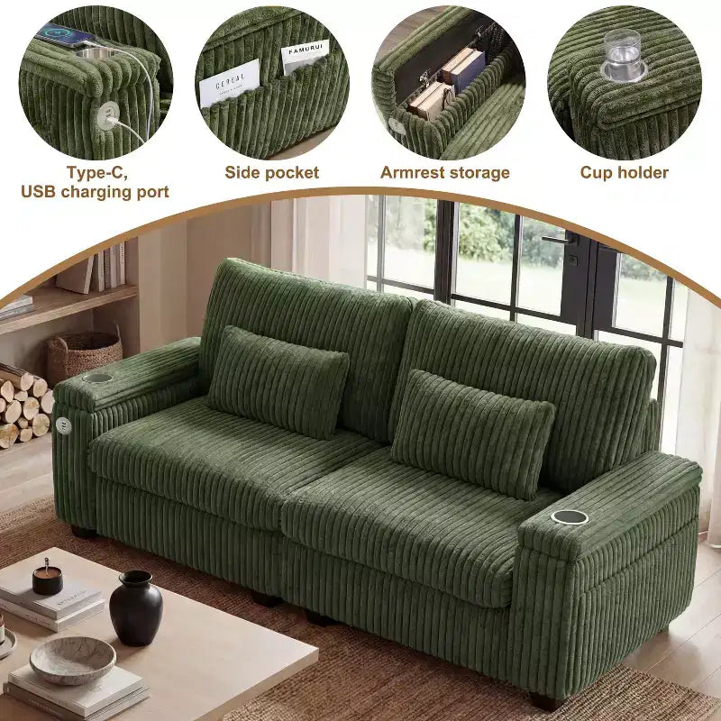 Canapé de rangement 91 pouces pour deux – Velours côtelé moelleux avec port USB et porte-gobelets