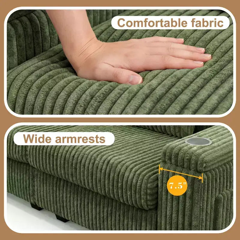 Canapé de rangement 91 pouces pour deux – Velours côtelé moelleux avec port USB et porte-gobelets