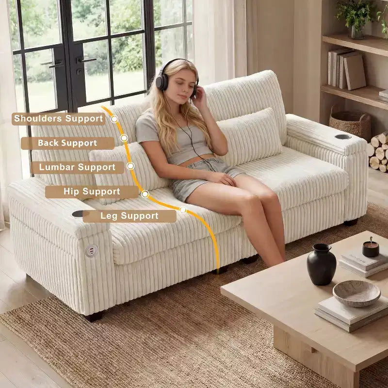 Canapé de rangement 91 pouces pour deux – Velours côtelé moelleux avec port USB et porte-gobelets
