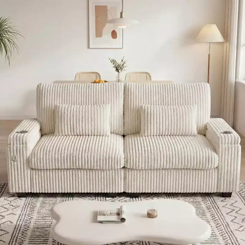 Dyonery 91-inch Storage Sofa for Two - A cozy and plush corduroy sofa for two, featuring USB charging ports and cup holders.