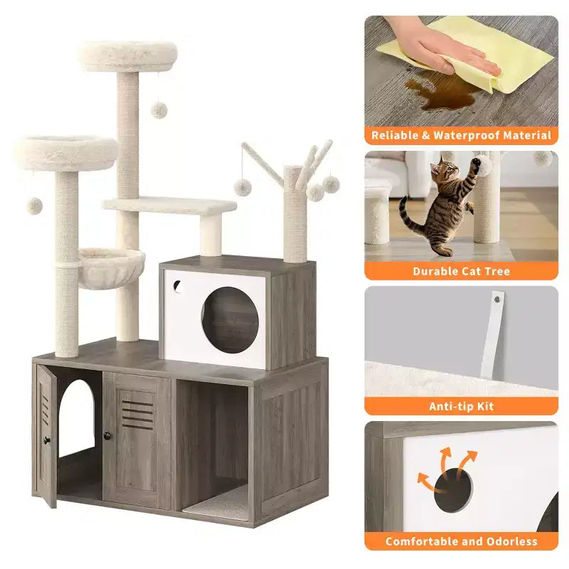 Meuble Cache-Litière pour Chat, Arbre à Chat Multi-Niveaux avec Poteaux à Griffer, Condo pour Chat avec Hamac et Panier, Meuble pour Chat d'Intérieur avec Bac à Litière Caché