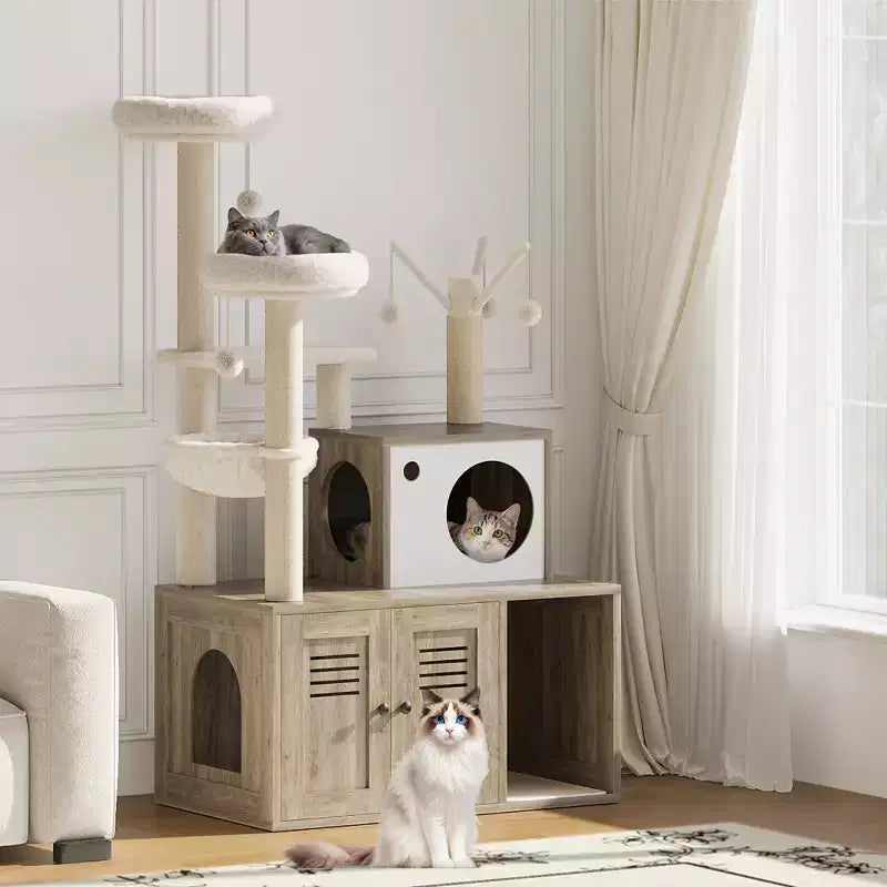 Meuble Cache-Litière pour Chat, Arbre à Chat Multi-Niveaux avec Poteaux à Griffer, Condo pour Chat avec Hamac et Panier, Meuble pour Chat d'Intérieur avec Bac à Litière Caché