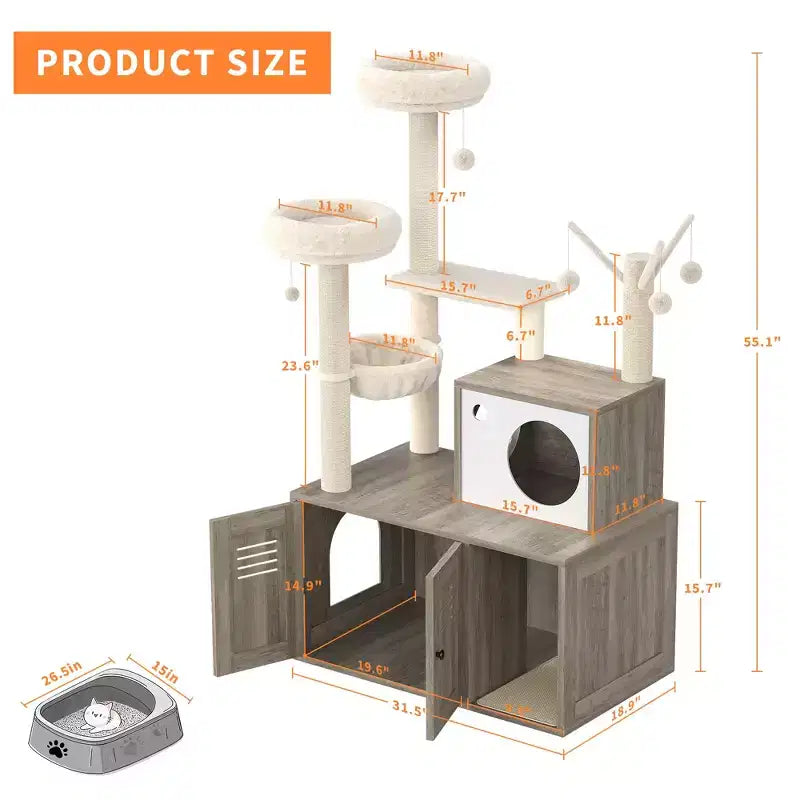 Meuble Cache-Litière pour Chat, Arbre à Chat Multi-Niveaux avec Poteaux à Griffer, Condo pour Chat avec Hamac et Panier, Meuble pour Chat d'Intérieur avec Bac à Litière Caché