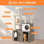 Meuble Cache-Litière pour Chat, Arbre à Chat Multi-Niveaux avec Poteaux à Griffer, Condo pour Chat avec Hamac et Panier, Meuble pour Chat d'Intérieur avec Bac à Litière Caché