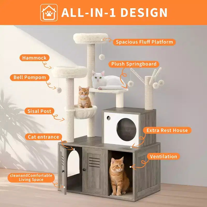 Meuble Cache-Litière pour Chat, Arbre à Chat Multi-Niveaux avec Poteaux à Griffer, Condo pour Chat avec Hamac et Panier, Meuble pour Chat d'Intérieur avec Bac à Litière Caché