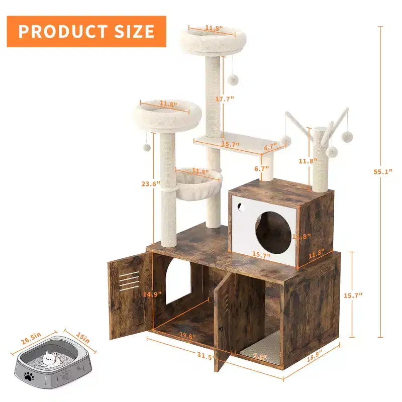 Meuble Cache-Litière pour Chat, Arbre à Chat Multi-Niveaux avec Poteaux à Griffer, Condo pour Chat avec Hamac et Panier, Meuble pour Chat d'Intérieur avec Bac à Litière Caché