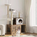 Meuble Cache-Litière pour Chat, Arbre à Chat Multi-Niveaux avec Poteaux à Griffer, Condo pour Chat avec Hamac et Panier, Meuble pour Chat d'Intérieur avec Bac à Litière Caché