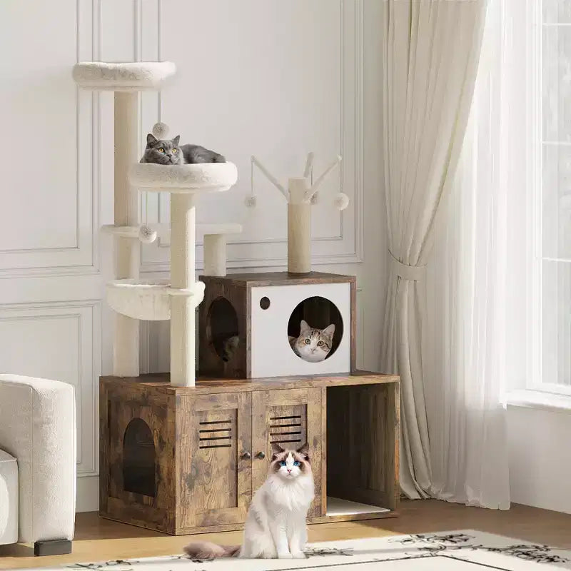Meuble Cache-Litière pour Chat, Arbre à Chat Multi-Niveaux avec Poteaux à Griffer, Condo pour Chat avec Hamac et Panier, Meuble pour Chat d'Intérieur avec Bac à Litière Caché