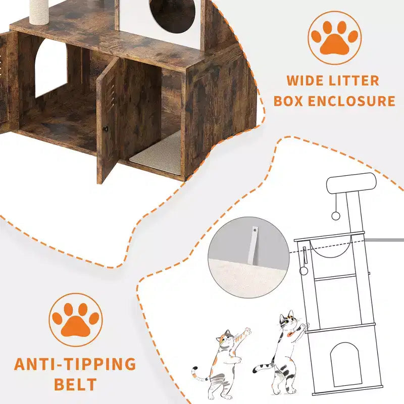 Meuble Cache-Litière pour Chat, Arbre à Chat Multi-Niveaux avec Poteaux à Griffer, Condo pour Chat avec Hamac et Panier, Meuble pour Chat d'Intérieur avec Bac à Litière Caché