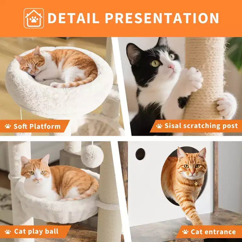 Meuble Cache-Litière pour Chat, Arbre à Chat Multi-Niveaux avec Poteaux à Griffer, Condo pour Chat avec Hamac et Panier, Meuble pour Chat d'Intérieur avec Bac à Litière Caché