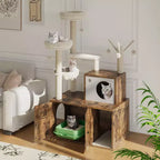 Meuble Cache-Litière pour Chat, Arbre à Chat Multi-Niveaux avec Poteaux à Griffer, Condo pour Chat avec Hamac et Panier, Meuble pour Chat d'Intérieur avec Bac à Litière Caché