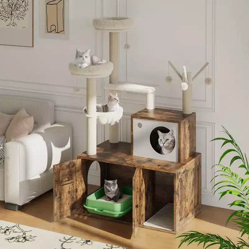 Meuble Cache-Litière pour Chat, Arbre à Chat Multi-Niveaux avec Poteaux à Griffer, Condo pour Chat avec Hamac et Panier, Meuble pour Chat d'Intérieur avec Bac à Litière Caché