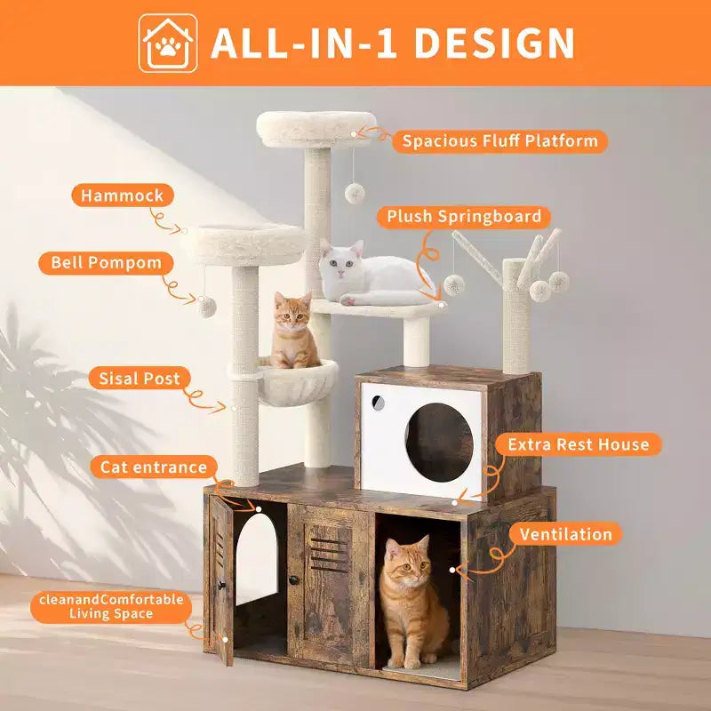 Meuble Cache-Litière pour Chat, Arbre à Chat Multi-Niveaux avec Poteaux à Griffer, Condo pour Chat avec Hamac et Panier, Meuble pour Chat d'Intérieur avec Bac à Litière Caché