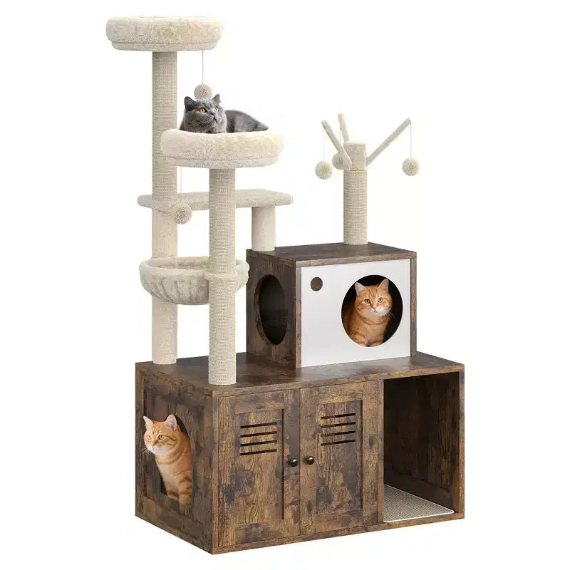 Cat Litter Box Enclosure, Multi Level Cat Tree with Scratching Posts, Cat Condo with Hammock & Basket, Indoor Cat Furniture with Hidden Litter Box