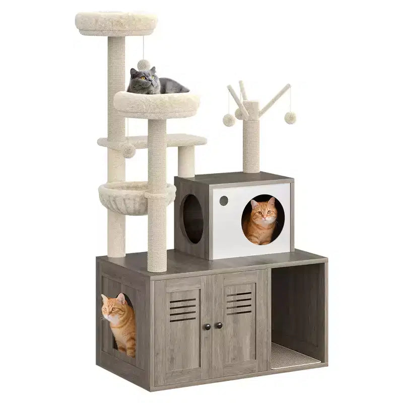 Arenero para Gatos Oculto, Árbol para Gatos de Múltiples Niveles con Postes Rascadores, Condominio para Gatos con Hamaca y Cesta, Muebles de Interior para Gatos con Arenero Escondido